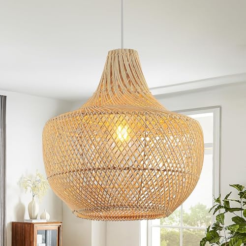Schindora Lamp Shade Rattan,34Cm Hand-Woven Boho Lighting Fixture Wicker Weaving Pendant Light Coastal Basket Hanging Ceiling Lamp for Kitchen Island Dining Room Restaurants Bedroom Hallway