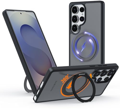 Coque pour Samsung Galaxy S25 Ultra avec Support Magnétique, Étui Compatible pour MagSafe avec Anneau Rotatif à 360°, Housse Fine à Dos Mat, Protection Robuste et Stable pour Vidéo et Bureau, Noir