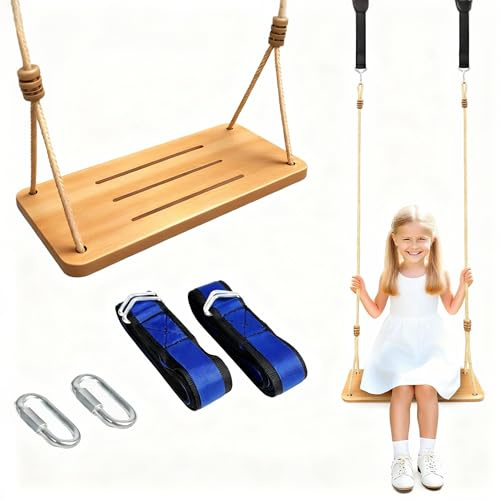 500LBS Waterproof Wooden Swing Seat Hermetic Oil Sealing for Outdoor Indoor, 16 x 7 x 0.8 Adjustable Hanging Tree Straps for Adults & Kids, Bamboo Wood Swing Set Accessories for Backyard Playground