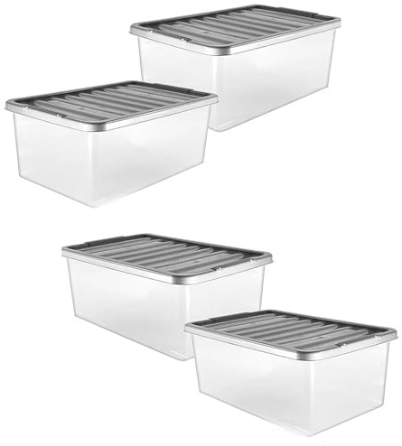 Pluto Packaging 4 Pack 32L Strong Stackable Durable Underbed Storage Boxes | Complete With Silver Lids