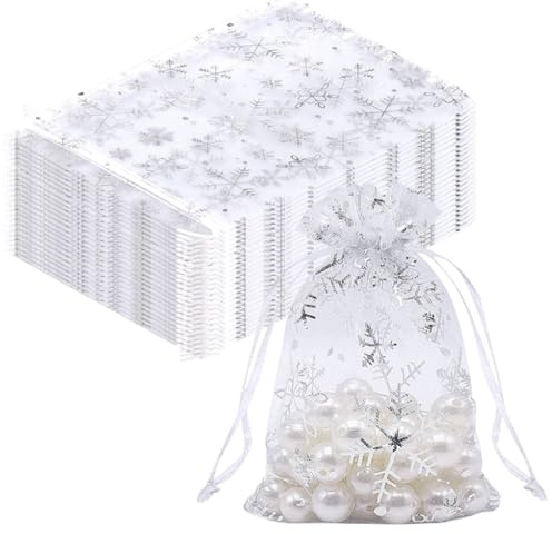 BORISCA 110 Pcs Sachet Organza 7x9cm, Sachet Transparent Organza, Petite Pochette Cadeau avec Motif étoile et Cordon de Serrage, Pochon Tissu pour Cadeau de Noël Marriage Bonbons (Blanc)