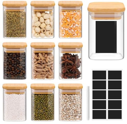 sporful Barattoli per spezie in vetro con coperchio in bambù, contenitori ermetici quadrati in vetro con etichette, piccoli barattoli per spezie, caffè, zucchero, farina, organizzazione della cucina
