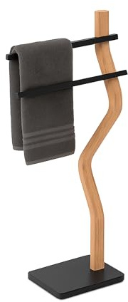 Relaxdays Handtuchständer, HxBxT: 86 x 37 x 18 cm, Metall, Holz, 2 Stangen, stehender Handtuchhalter, Bad, Farbauswahl | Holz, 2 Stangen, stehender Handtuchhalter, Bad