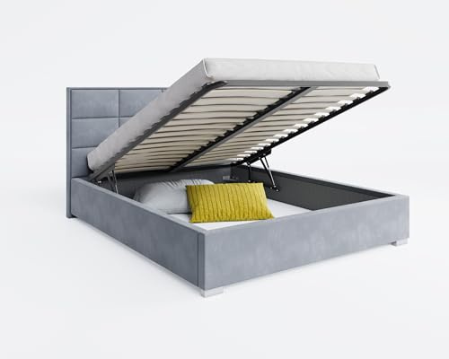 FurnitureByJDM Polsterbett 120x200 mit Lattenrost und Bettkasten | Stauraumbett mit Gasdruckfeder – Komfortbett für Moderne Schlafzimmer Doppelbett APOLLO (Paris Stahl)