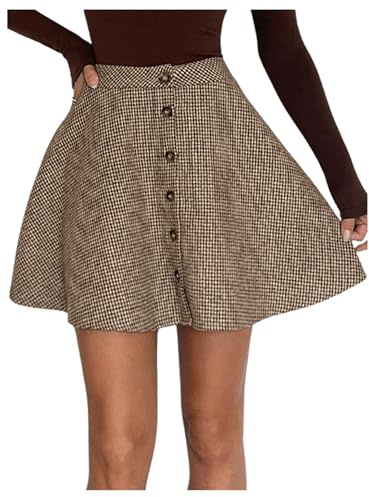 GORGLITTER Women's Plaid A Line Swing Mini Skirts High Waisted Flared Flowy Elegant Winter Vintage Skirt Brown S