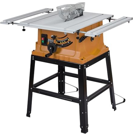 Table Saw, 10 Inch 15A Multifunctional Saw with Stand & Push Stick for Jobside, 90° Cross Cut & 0-45° Bevel Cut, Cutting Speed Up to 5000RPM, Adjustable Blade Height, for Woodworking, Orange