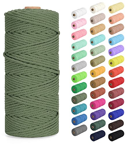 Makramee Garn 3mm x 100m, Baumwollkordel Farbig Baumwollgarn Geflochten Baumwollseil, Natürliche Baumwollschnur für Makramee Wandbehang, Blumenampel, Vorhang und Mehr DIY Deco, Armeegrün
