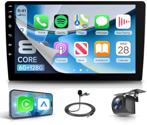 Rimoody 6G+128G 8 Cœurs Autoradio Android 2 Din 9'' écran Tactile Android Stereo 2 Din avec Carplay Android Auto sans Fil Mirror Link Bluetooth FM/RDS/EQ/DSP WiFi GPS Commandes au Volant Caméra Recul