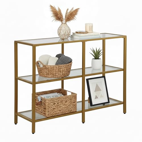 Relaxdays konsolbord, H x B x D: 73 x 100 x 30 cm, metall, glas, smal konsol, hall, hallbord med 3 hyllor, guld