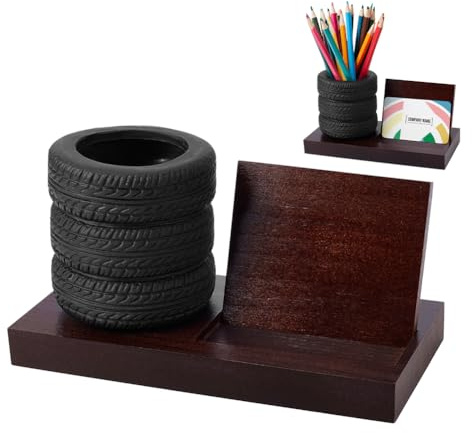 NBEADS 2 Pcs Tire Pen Holder Business Card Holder, Tire Shape Stationery Set Automotive Desk Accessories for Tire Shop Office Mechanics Gifts Car Lovers, Saddle Brown