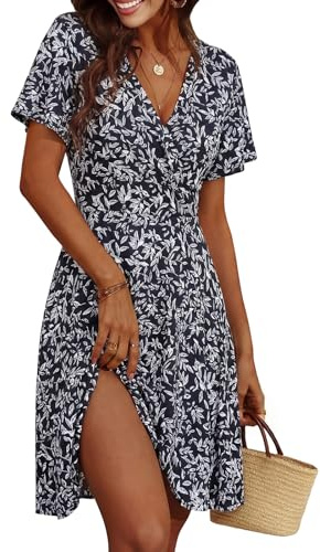 Cicy Bell Abito Estivo da Donna, Lunghezza al Ginocchio, a Maniche Corte, Scollo a V, con Motivo Floreale, Linea ad A, per Il Tempo Libero, Blu Scuro, L