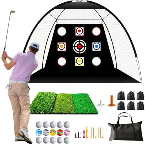 Golf Übungsnetz, 10x7 Feet (300x200cm) Golf Trainingshilfen mit Schlagmatte & 15 Bälle, Schlaghilfe Netz Chipping Trainingsnetze für Indoor Outdoor Hinterhof