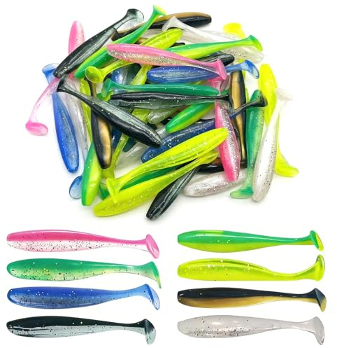 50 Stück Gummifische Angelköder Set 7,5 cm Rubber Fishing Lures mit Reflektierenden Pailletten Schwimmköder Gummiköder Kit Doppelte Versteckte Hakenschlitze Angel Köder für Barsch, Zander, Forelle