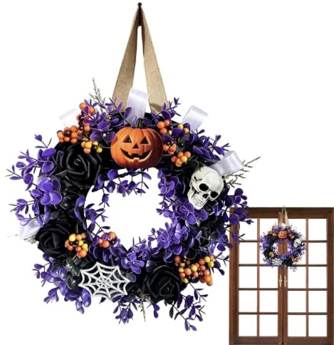 Halloweenkransar för ytterdörr 35 cm Girlang med dödskallar och pumpor | Dekorativ Helgkrans Passar För Inomhus Och Utomhus Vardagsrummet Fönster Vägg Och Entréhallen