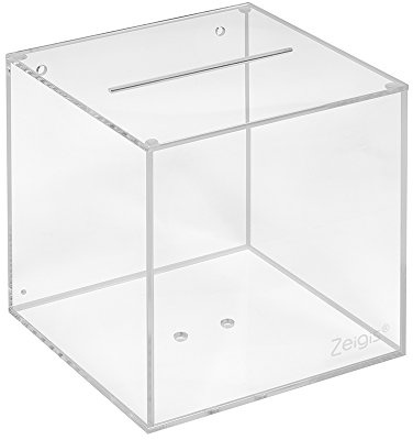 Zeigis Losbox/Eiwurfbox 15cm Acrylglas transparent mit Deckel und Schlitz | Höhe 15cm, Schlitzmaß 3x109mm, 3mm Acrylglas, Deckel abnehmbar, für Messen & Events, glänzende Kanten, Zeigis made in Germany