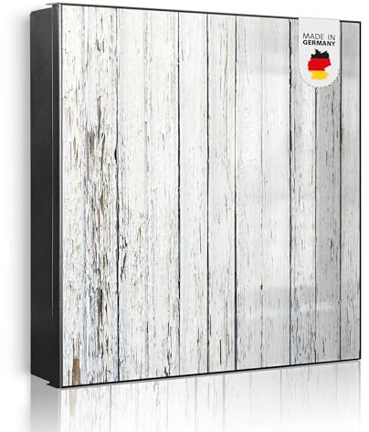 banjado Großer Schlüsselkasten Metall - Schlüsselbox 30x30cm beschreibbarer mit 32 Haken - Schlüsselkasten modern für Schlüsselaufbewahrung - Korpus Schwarz Scharnier Rechts - Motiv Weißer Bretterzaun