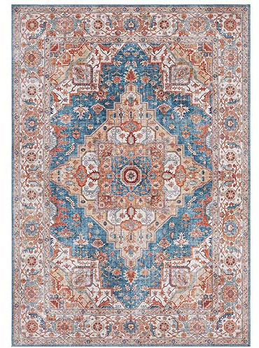 Nouristan Asmar Teppich – Wohnzimmerteppich Orient-Touch Detailiertes Muster Florales Kurflor Flachgewebe Teppich für Esszimmer, Wohnzimmer, Schlafzimmer – Jeansblau, 120x160cm