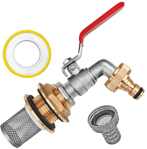 MegaHaustechnik Regentonnendurchführung Messing für 27mm LochØ AG 3/4“, Wandung max. 12mm, Dichtband, mit Auslaufhahn mit Stecker für Gardena Buchse, Edelstahl Filterkorb, Fass Verschraubung Tank