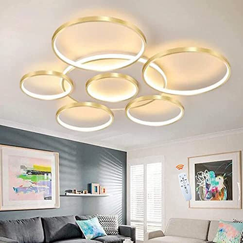 LED Deckenleuchte Dimmbar Wohnzimmerlampe Mit Fernbedienung Modern Runde Deckenlampe 7 Ringe Acryl Schirm Einstellbar Lichtfarbe Helligkeit Schlafzimmer Restaurant Esszimmer Kronleuchter,Gold,110cm