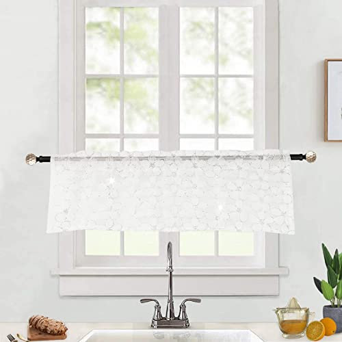 Devola Transparente Garn Scheibengardine mit Reflektierende Pailletten Romantisch Blumenmuster Kurzgardine Elegant Heimdekoration Bistrogardine Landhaus Kurzer Küchenvorhang BxH 132x46cm Weiß 1 Stück