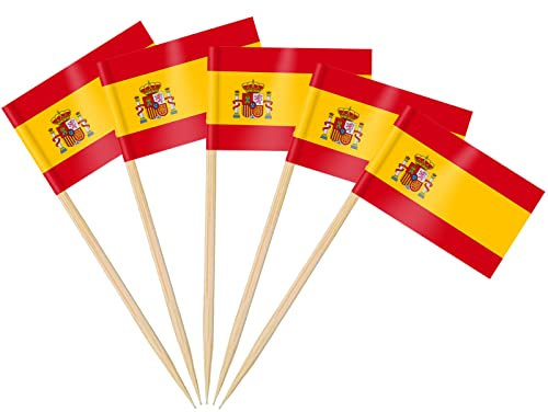 AhfuLife Palillos con Banderas de España, 100 Piezas Banderas de Palillos de Dientes de España para Decoraciones de Eurocopa, Cóctel, Sándwiches, Pastelería, Pastel, Frutas, Fiesta, Cupcakes