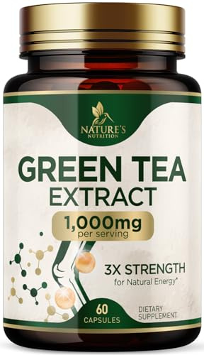 Green Tea Extract 1000mg Per Serving - Standardized 45% EGCG & 98% Polyphenols - 3X Strength Green Tea Pills for Energy, Supports Heart Health, Herbal Supplement, Vegan, Bottled in USA - 60 Capsules