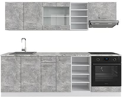 Vicco Küchenzeile R-Line, Küchenblock, Beton/Weiß, 240 cm ohne Arbeitsplatte