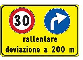 CARTELLO IN LAMIERA SCATOLATA RETTANGOLO 60X40 cm - rallentare deviazione 200 m - SEGNALE CATARIFRAGENTE CON CAVALLETTO (CARTELLO)