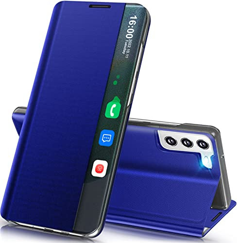 Qissy Handyhülle für Samsung Galaxy S21 FE Hülle Klappbar, Luxus Dünn Spiegel Flip Leder Hard PC Stoßfest Case für Samsung S21 FE Hülle mit Ständer, Clear View für Samsung Galaxy S21 FE 5G Hülle Etui