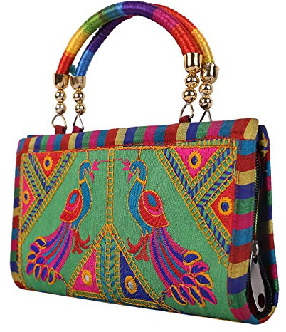 Rajasthani - Bolsos de mano para mujer, mini bolso cruzado bordado a mano, color verde, para regalos de boda y fiesta