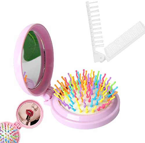 Spazzola Per Capelli Da Viaggio Con Specchio,Mini Set Di Spazzole Pop-up,Spazzole per Capelli Pieghevoli,Rotondo Mini Pettini,con Piccola Pieghevole Spazzola per Capelli,per Bambini e Adulti Capelli