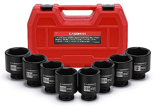 CASOMAN 1/2-Inch Drive Shallow Spindle Axle Nut Impact Socket Set,1-9/16 to 2, 6-Point, SAE, CR-MO, 8 Piece 1/2 Heavy Duty Impact Socket Set