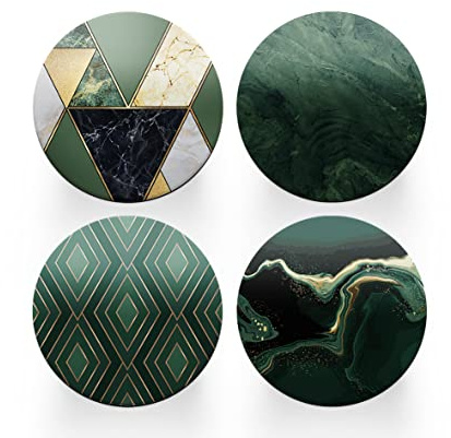 Lot de 4 dessous de verre ronds Art Déco - Agate verte effet marbre - Thème femme - pendaison de crémaillère - Décoration de cuisine - Cadeau #80168