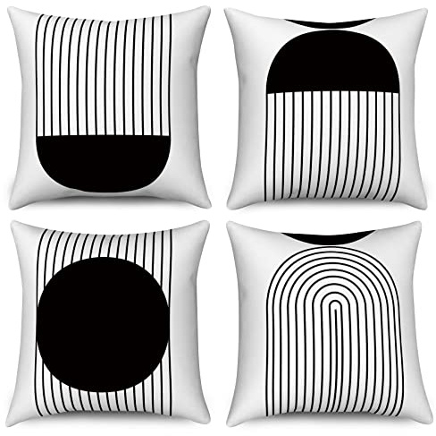 Hnmdmyi Funda de Cojín Boho 45x45 Juego de 4, Blanco y Negro de Mediados de Siglo Abstracto geométrico Arco Sol Fundas de cojín Decorativo Moderno Minimalista de Lino para sofá Exterior Home Decor