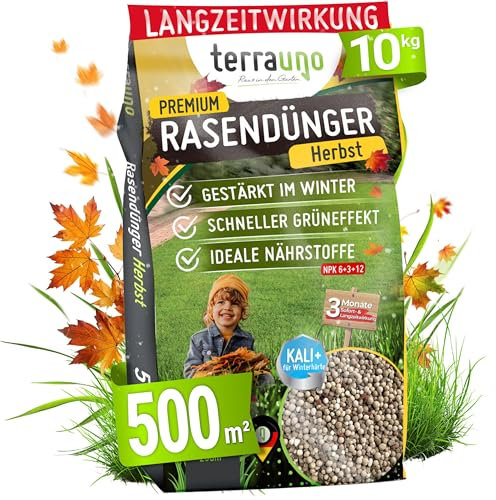 TerraUno Premium Herbstdünger Rasen, gesunder Rasen verdrängt Moos & Unkraut, Rasendünger Herbst mit 60 Tage Langzeitwirkung, 10 kg für 500 m², Herbstrasendünger, Sofortwirkung, extra starkes Grün