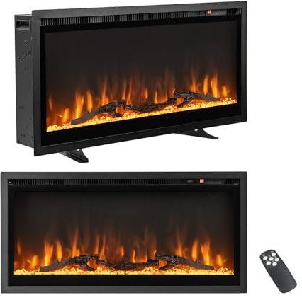 COSTWAY Camino Elettrico da 91,5cm da Incasso a Parete, Caminetto Elettrico da 750W/1500W con Telecomando, Termostato, Protezione da Surriscaldamento, 91,5 x 14,5 x 45 cm