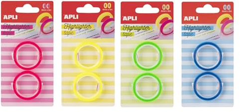 APLI 19666 - Pack de Cintas de subrayar en 4 colores flúor. Cintas resaltadoras con adhesivo removible. Rollos de adhesivo transparente