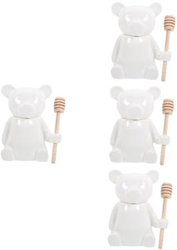 MAGICLULU 4 Sätze Honigglas Aus Keramik Honigtopf Holzlöffel Spender Für Honigbehälter Leeren Vorratsbehälter Honiggläser Honig Halter Flasche Honigglas Phiole Weiß Buche Flaschen
