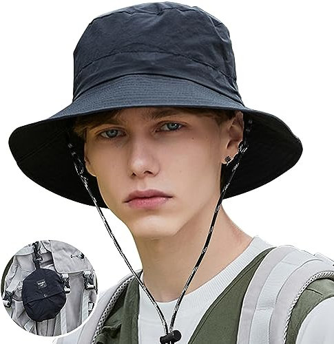 Tyuodna Fischerhut Herren,Sonnenhut Herren Damen wasserdichte Schnelltrocknend,Anglerhut Herren UV-Schutz,Safari Hut Herren mit Verstellbarer Schnur Unisex (Wasserdichtes Nylon, Schwarz)