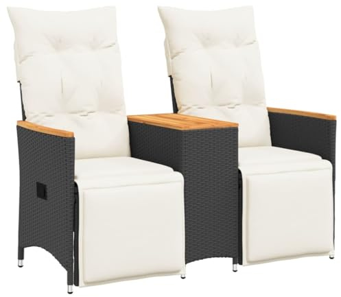vidaXL Trädgårdssoffa fällbar 2-sits med bord svart konstrotting, utomhussoffa, utemöbler, 2-sits trädgårdssoffa, trädgårdsmöbler