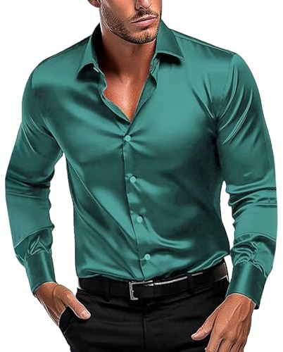 UnoSheng Chemise avec roses pour homme - Nouvelle chemise unie brillante en satin de soie avec manches longues élastiques en flanelle pour homme, vert, XL