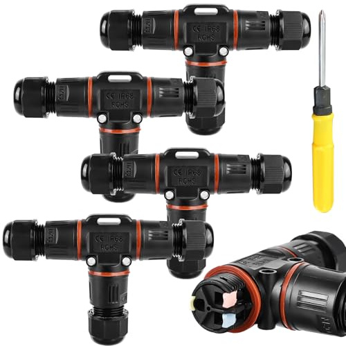 4 Stück Kabelverbinder Wasserdicht IP68: T-Form Kabelverbinder Wasserdicht 3-polig Erdkabel Verbindungsmuffe für Ø3-12 mm Kabeldurchmesser, 2 Wege Wasserdichte Abzweigdose IP68 für Garten, Outdoor