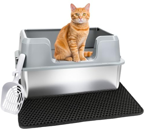 Vivifying Katzenklo Edelstahl, Leicht zu Reinigen und Geruchsresistent Katzentoilette Edelstahl Auslauf-und Verschüttungssicher, Katzenklo mit Schaufel und Matte (Grau)