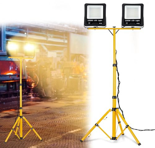 FIVMEN Faretto da costruzione, 2 x 100 W, 8500 lm, con treppiede regolabile e cavo da 3 m, impermeabile, IP66, per garage, officina, cantiere, bianco caldo