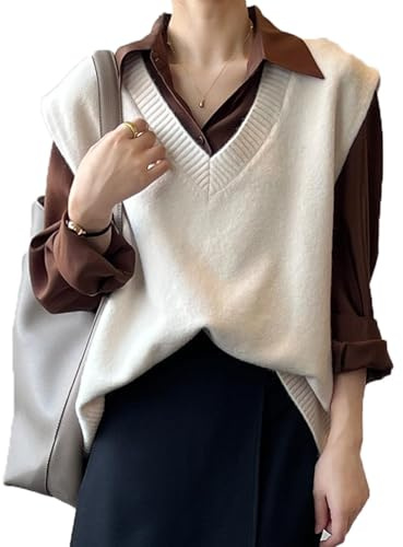 Suéter para Mujer Chaleco Sin Mangas Pullover Jerséis de Punto Cuello en V Elegante Prendas de Punto Sueltas Camisetas sin Mangas para Damas Modernas Niñas Mangas Casual Pull-Over Otoño Invierno