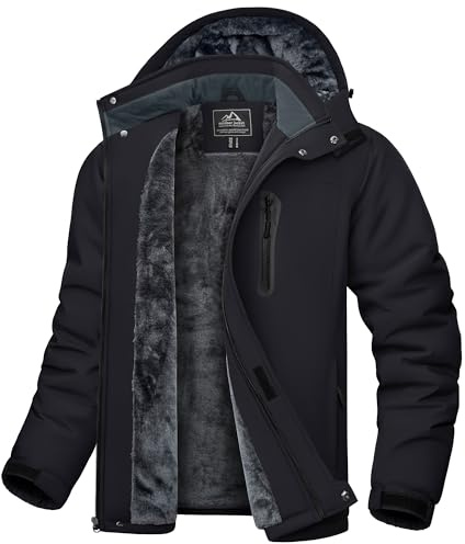 KEFITEVD Mens Winter Waterproof Jacket with Hood Fleece Ski Jacket Warm Outdoor Windproof Sport Jackets Multi-Pockets Black L
