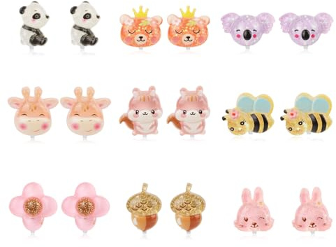 9 Paires de Boucles d'Oreilles en Forme d’Animaux Mignons - Accessoires de Bijoux de Princesse pour Enfants
