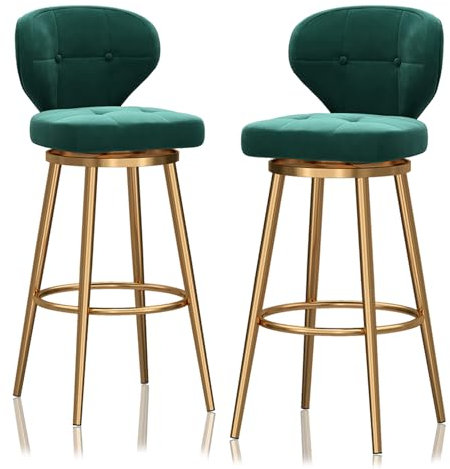 Moderne Drehhocker mit hoher Rückenlehne, 2 Stück, grüner Samt, gepolsterte Sitze, goldfarbene Metall-Fußstütze, stilvolle Barstühle für Küche, Insel und Kneipe
