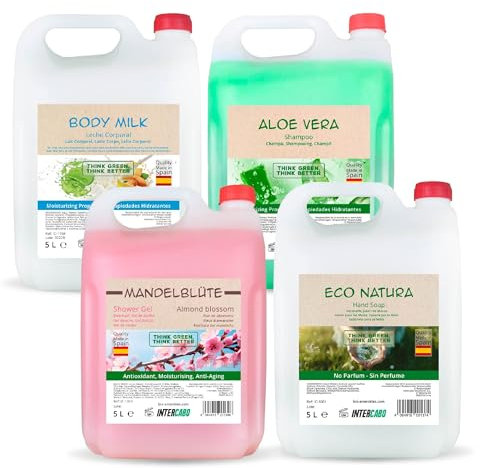 Pack con 4 Garrafas de Cuidado Personal Intercabo - Incluye Gel de Ducha Flor de Almendras, Champú Aloe Vera, Jabón de Manos Eco Natura y Body Milk, Garrafas de 5L