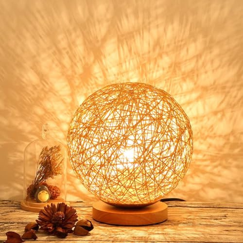 AoLa Kugel Tischleuchte Akku Kabellos Tischlampe Holz Handgewebt Kugel Boho Rattan Laterne LED Touch Nachttischlampe Dimmbar Kleine Lampe Batterie Nachtlampe Schlafzimmer Deko Kinderzimmer Lampe